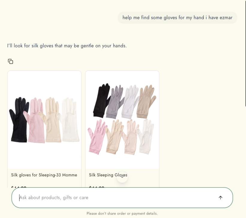 Sales concierge understanding a misspelled sensitive-hand request and displaying only real silk glove product cards
