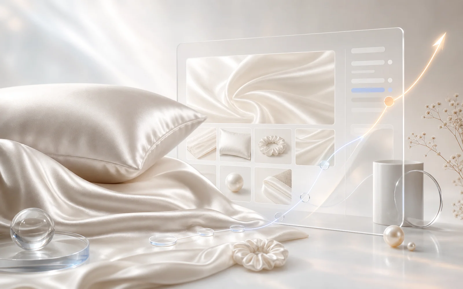 Silk commerce still life with a transparent product surface and growth path